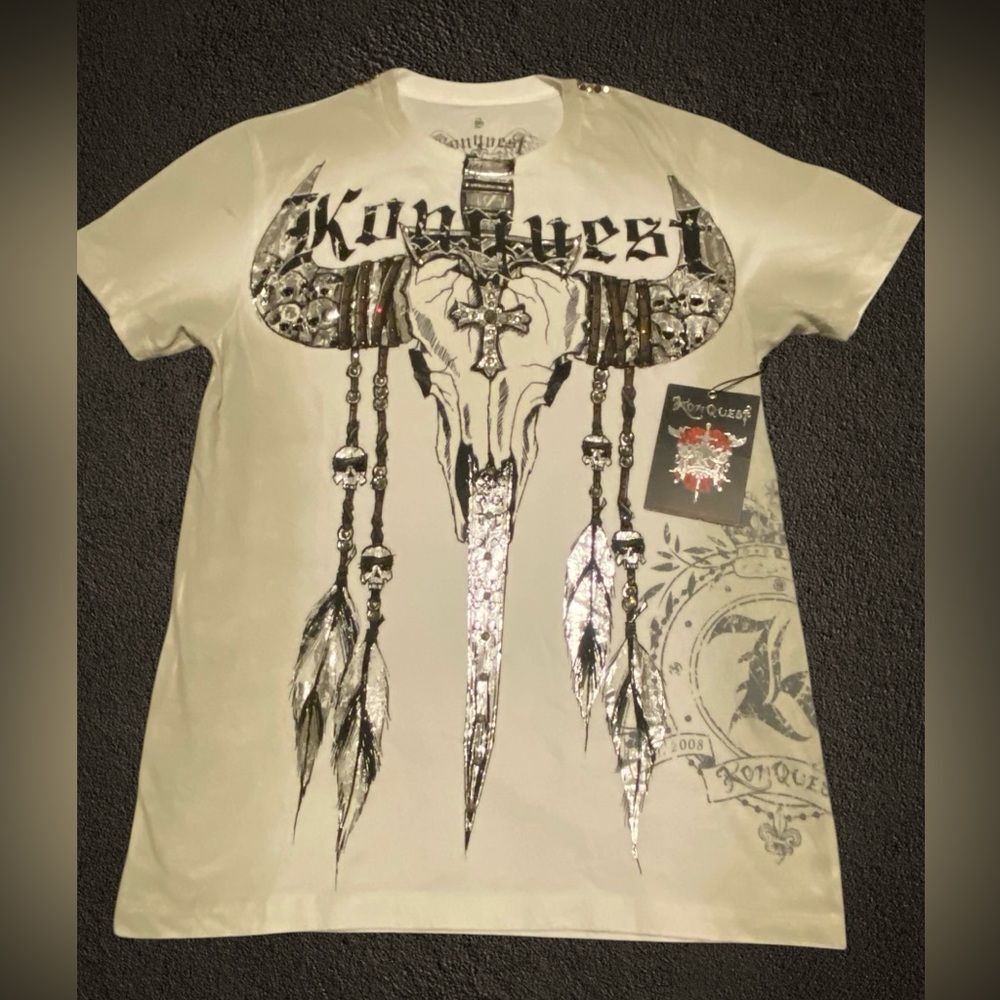 KonQuest RARE MEN’s skull T-Shirt Swarovski crystals & studded NWT size S.